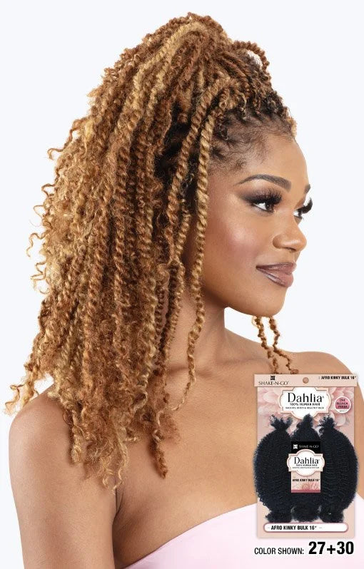 Woman models Dahlia Afro Kinky 16" Bulk Braiding Hair: honey blonde (27+30) kinky twists in a high ponytail. Packaging vis...
