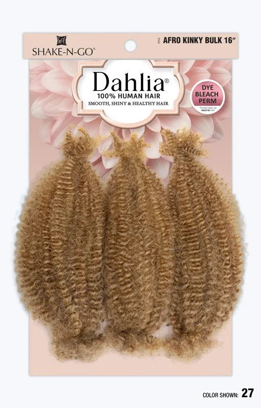 Dahlia Afro Kinky 16" Bulk Braiding Hair packaging. Displays three bundles of kinky curly, color 27 hair.