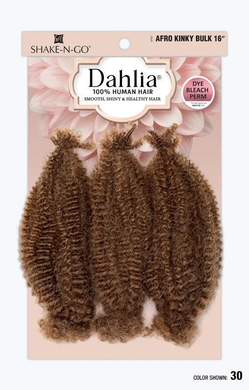 Product packaging for Dahlia Afro Kinky Bulk Braiding Hair 16". Features three bundles of medium reddish-brown kinky textu...