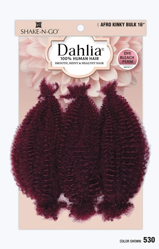Packaging for Dahlia Afro Kinky Bulk 16" Braiding Hair shows three bundles of deep red, tight kinky curls.
