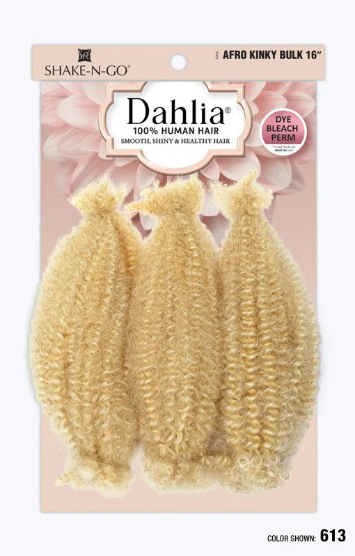Dahlia Afro Kinky 16" Bulk Braiding Hair product packaging, showing three bundles of blonde, tightly coiled hair.