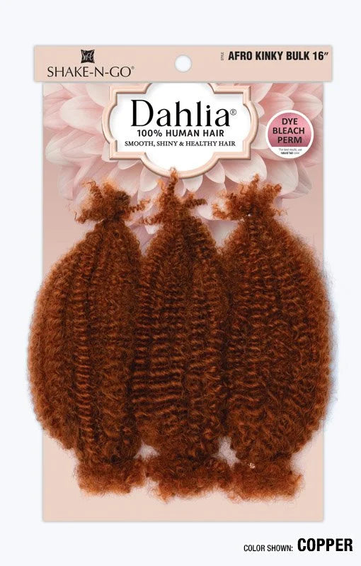 Packaging for Dahlia Afro Kinky 16" Bulk Braiding Hair, showing three bundles of rich copper, afro kinky textured human hair.