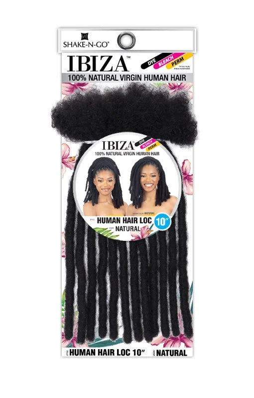 Ibiza 100% Human Hair Locs packaging shows black 10-inch human hair locs, a curly top, and models with similar locs.