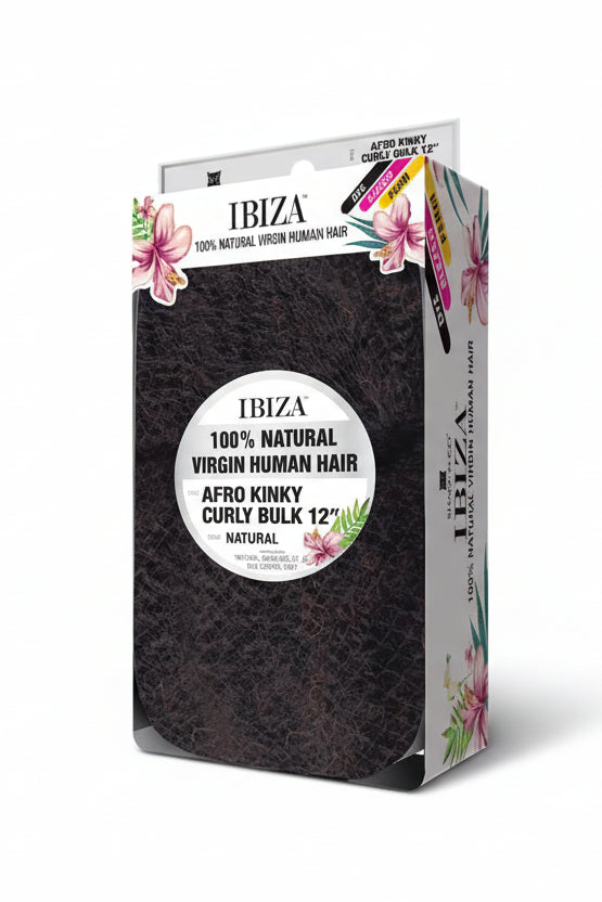 Ibiza Afro Kinky 12" Bulk Braiding Hair packaging. Dark natural kinky curly human hair visible through a window, decorated...
