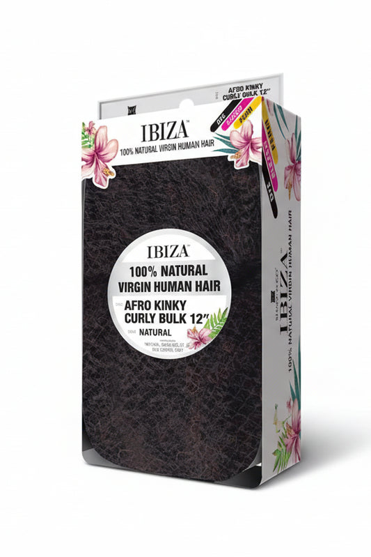 Ibiza Afro Kinky 12" Bulk Braiding Hair packaging. Dark natural kinky curly human hair visible through a window, decorated...