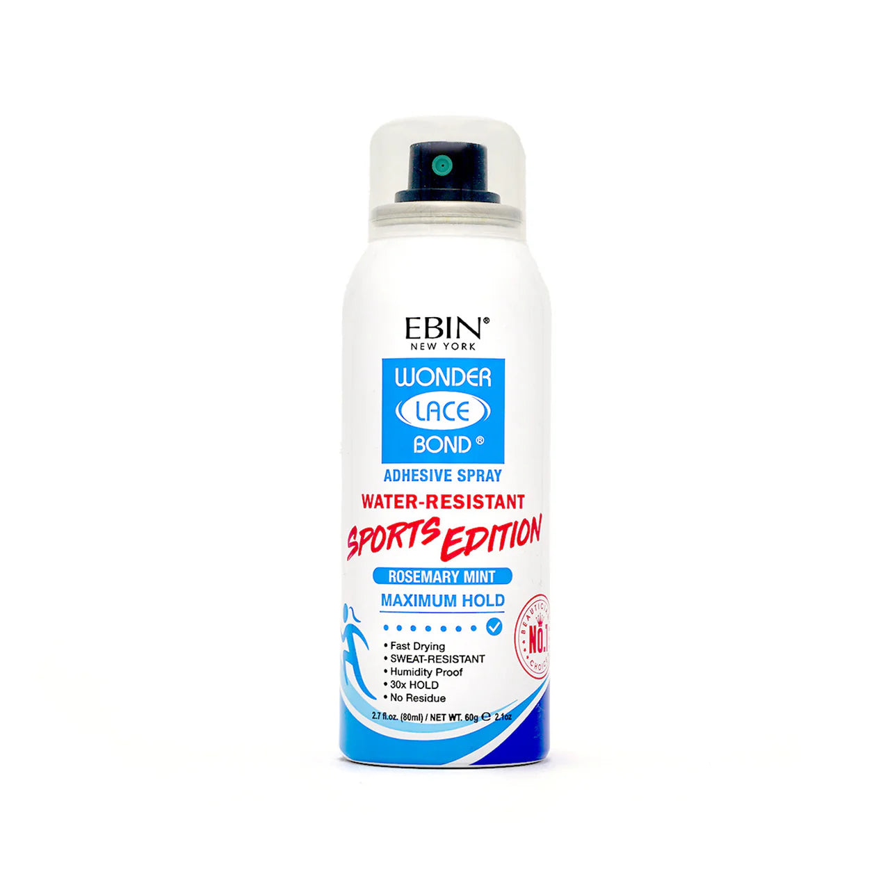 EBIN NEW YORK Wonder Lace Bond Adhesive Spray Sports Edition packaging. White aerosol can with blue and red label, clear cap.