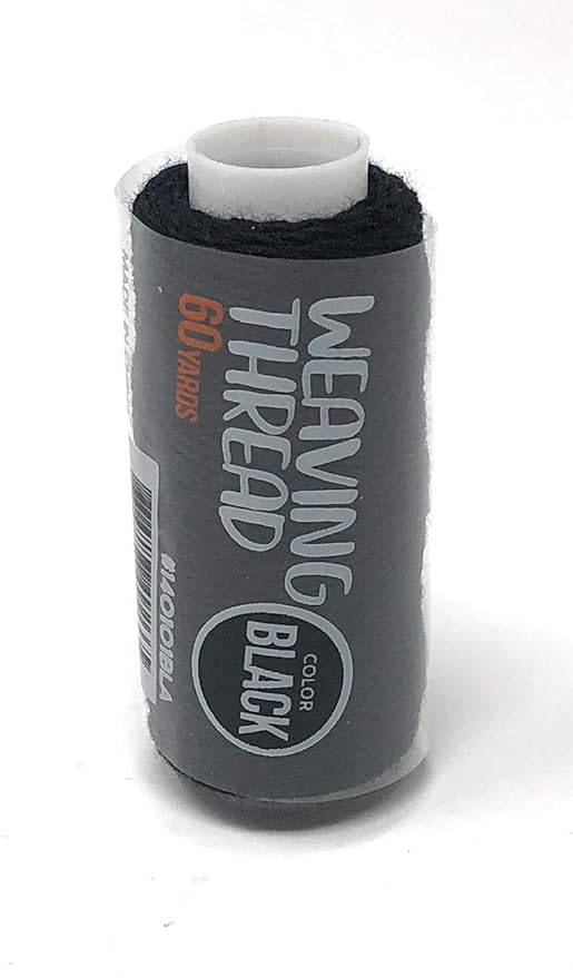 Black Weaving Thread spool with a grey label. Text says "WEAVING THREAD" and "60 YARDS" and "COLOR BLACK".
