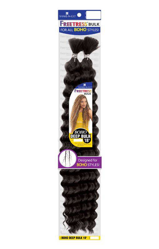 FREETRESS BOHO DEEP BULK packaging for 18-inch wavy black hair. A model with golden-brown curls is pictured.