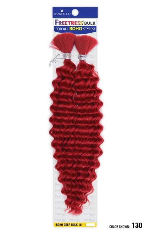 FREETRESS BOHO DEEP BULK hair packaging showing two bundles of long, vibrant red, deep wavy hair extensions.