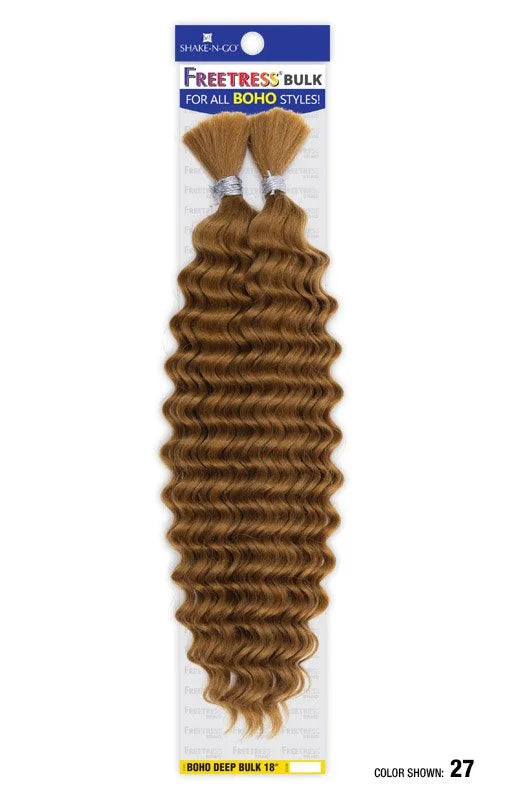 FREETRESS BOHO DEEP BULK 18" hair extensions, color 27. Long, deep wave light brown bulk hair on product packaging.