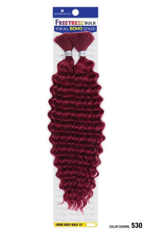 Packaging for FREETRESS BOHO DEEP BULK, featuring two bundles of wavy, rich red 18-inch synthetic hair extensions, color 530.