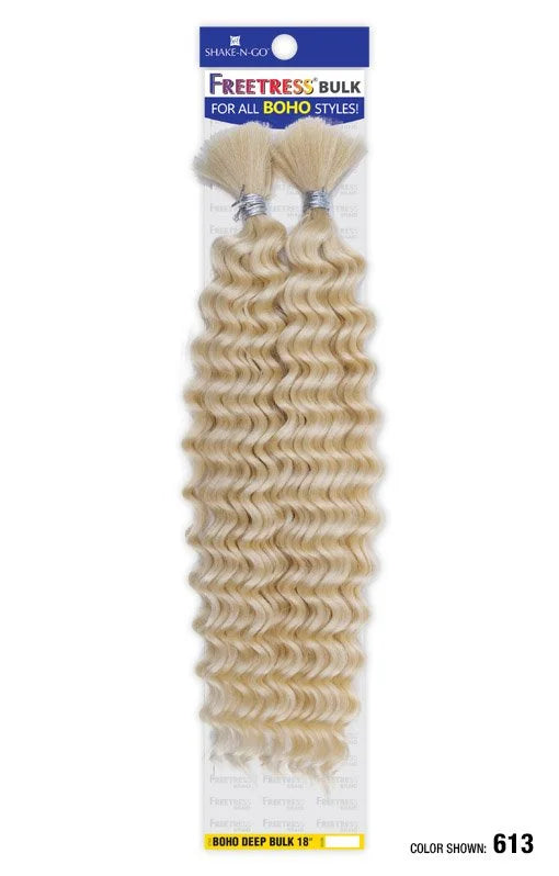 Packaging displays FREETRESS BOHO DEEP BULK, two bundles of long, deep wavy light blonde hair, color 613.