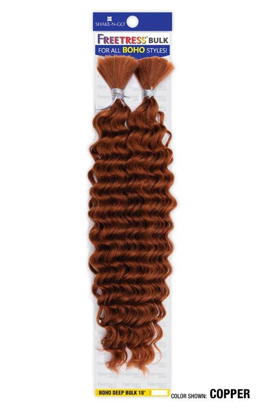 Packaging for FREETRESS BOHO DEEP BULK hair. Two bundles of long, deep wavy copper hair, 18 inches.