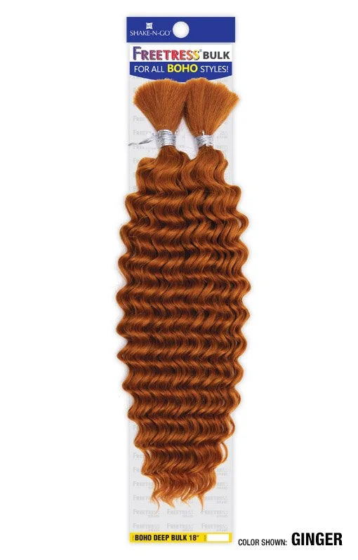 FREETRESS BOHO DEEP BULK. Two 18-inch bundles of voluminous ginger, wavy hair extensions on a white package.