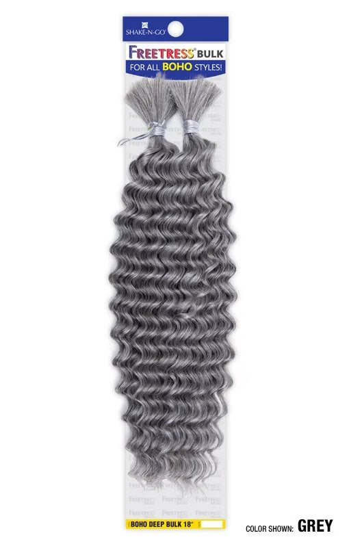 Freetress Boho Deep Bulk hair extensions packaging, showing two bundles of long, deep grey wavy hair.