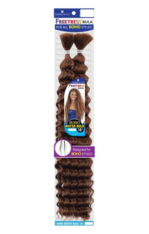 Product packaging for FB BOHO WATER BULK 18" hair, showing two bundles of deep wavy brown extensions and a model.