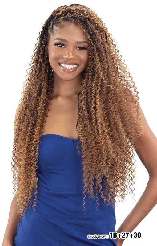Smiling woman models FB BOHO WATER BULK 18" hair. Long, voluminous 1B+27+30 crochet braids with loose water wave curls.