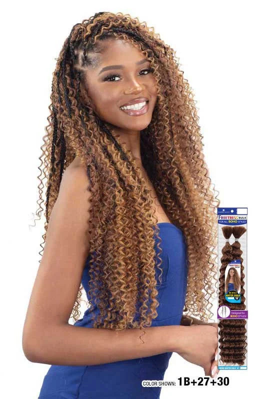 Smiling woman with long FB BOHO WATER BULK 18" hair. It's multi-toned dark brown and honey blonde, styled with braids and ...