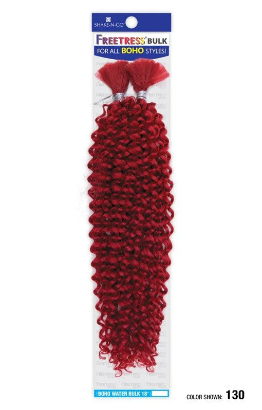 Packaging displays FB BOHO WATER BULK 18" hair extensions, two bundles of deep red, tight spiral curls.