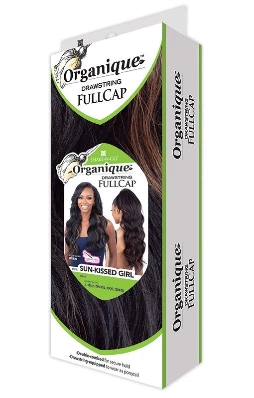 Packaging for Organique Sun-Kissed Girl Full Cap Drawstring Wig, showing a model with long, wavy dark brown hair with high...