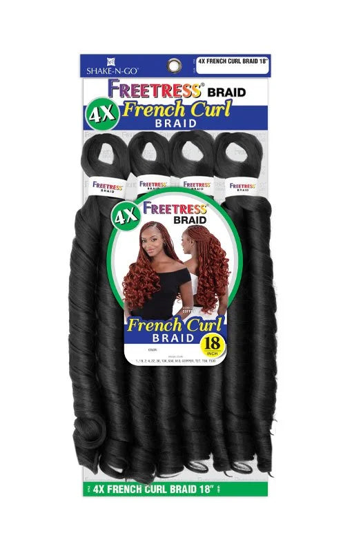 Freetress Braid 4X French Curl Braiding Hair 18" packaging displays black pre-curled hair bundles. A model wears reddish-b...