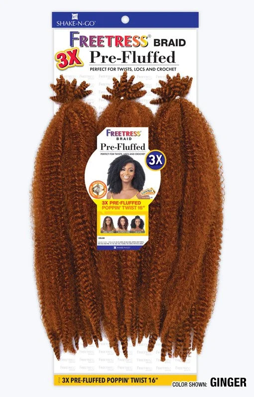 Freetress 3X Pre-Fluffed Poppin' Twist 16" product packaging. Shows three bundles of textured, fluffy ginger hair.