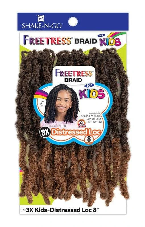 Packaging for Freetress Braid 3X Kids-Distressed Loc 8" crochet faux locs. Brown locs, child wearing them.