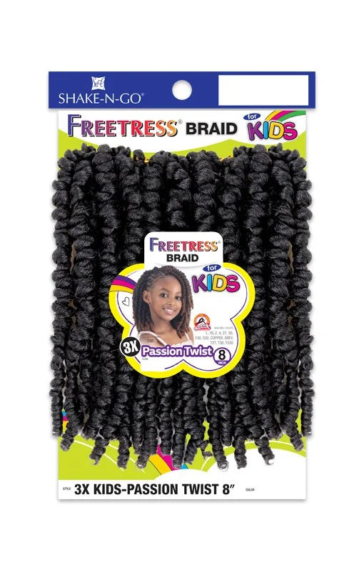 Packaging for Freetress Braid 3X Kids-Passion Twist 8 inch Crochet Hair. Displays black twisted bundles & a girl.