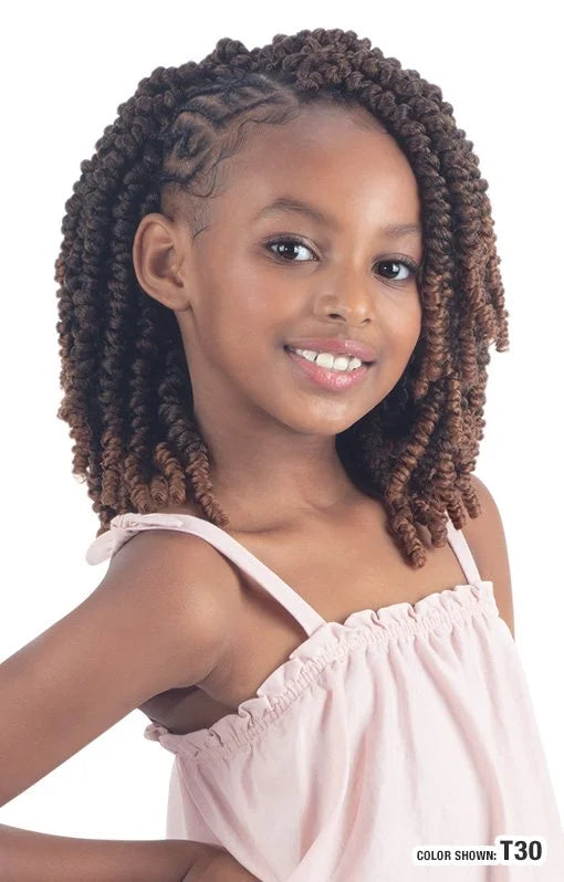 Young girl with Freetress Braid 3X Kids-Passion Twist 8" Crochet Hair, styled in a medium, voluminous ombre brown bob.