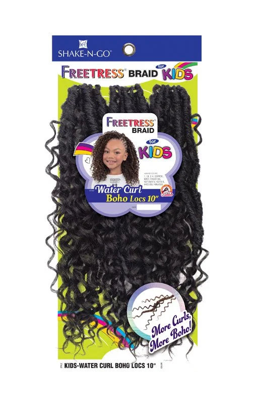 Freetress Braid Kids-Water Curl Crochet Boho Locs 10" packaging with dark wavy hair bundles and a child model.