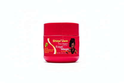 Red jar of 'Shine 'n Jam' hair product with a woman's face on the label.