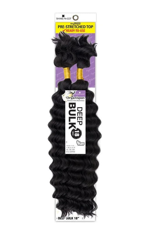 Organique Deep Bulk 18-inch synthetic hair packaging. Two bundles of black, pre-stretched wavy extensions.