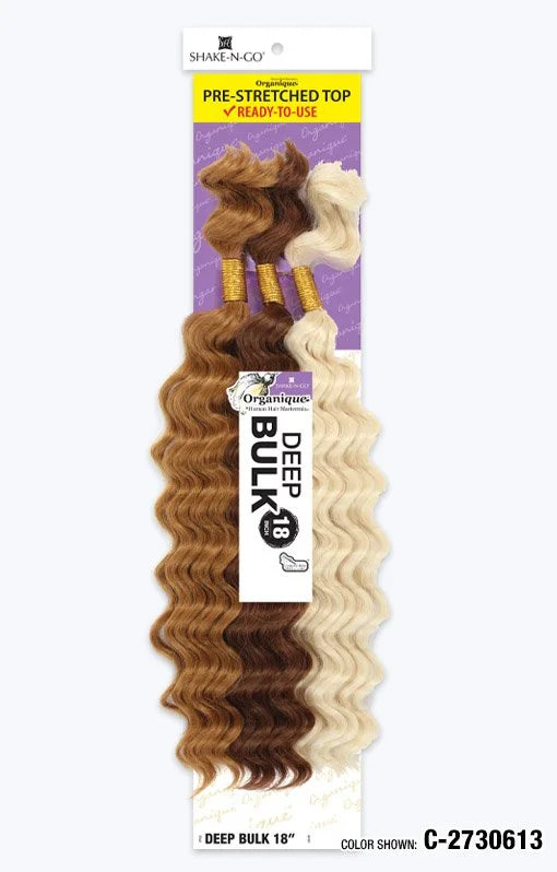Packaging for Organique Deep Bulk 18" pre-stretched wavy synthetic hair in light brown, dark brown, and blonde.