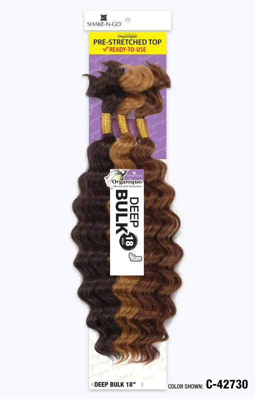 Organique Deep Bulk hair packaging shows three 18-inch deep wavy bundles in varying brown shades.
