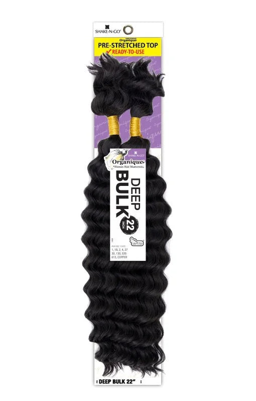 Packaging for Organique Deep Bulk 22-inch synthetic hair. It shows black, deep wavy hair bundles with pre-stretched tops.