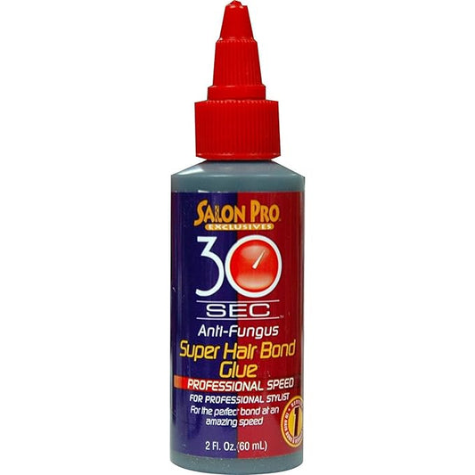 Salon Pro 30 Second Hair Bonding Glue 2 Oz product packaging. Dark gray bottle, red cap, blue and red label.