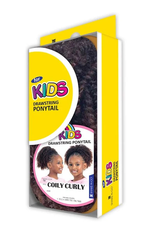 Packaging for Kids Drawstring Ponytails Coily Curly. Yellow box with clear window showing dark brown coily curly texture a...