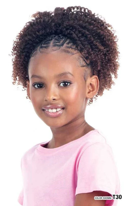 Smiling young girl wearing for KIDS Coily Curly Drawstring Ponytails, dark brown, with front cornrows.