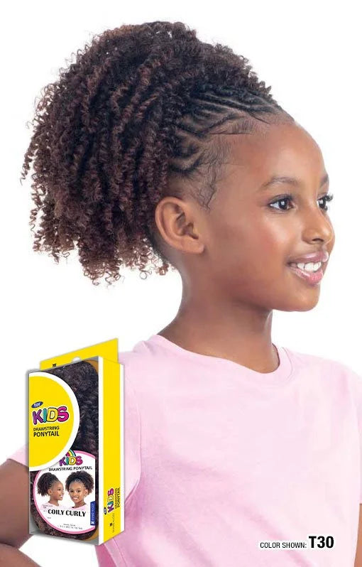 Smiling girl models a T30 for KIDS Drawstring Ponytail, Coily Curly. Her braided hair leads to the full, coily ponytail. P...