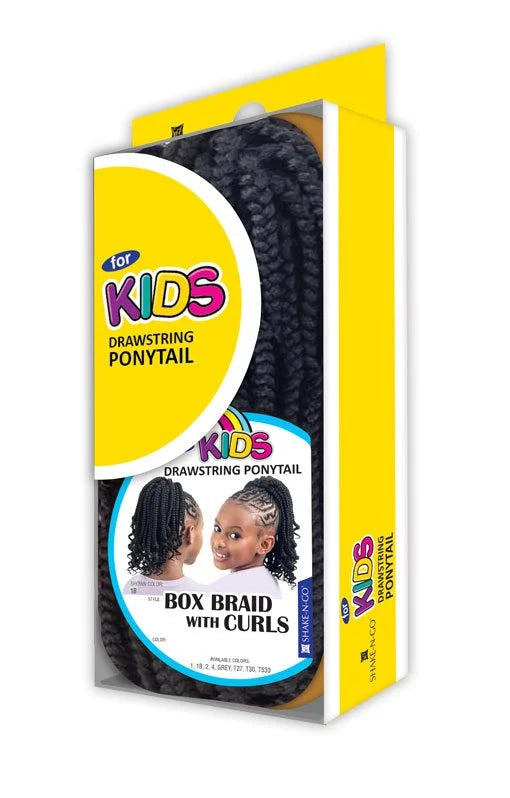 Yellow packaging for Kids Drawstring Ponytail Box Braid with Curls, featuring dark braided hair and a girl wearing the style.