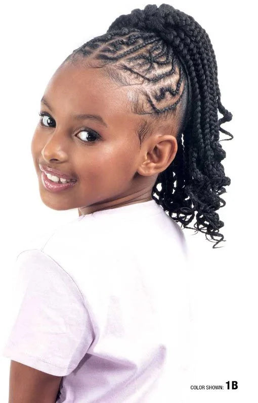 Young girl smiling, wearing black For Kids Drawstring Ponytail Box Braid With Curls. Features cornrows & curly ends.