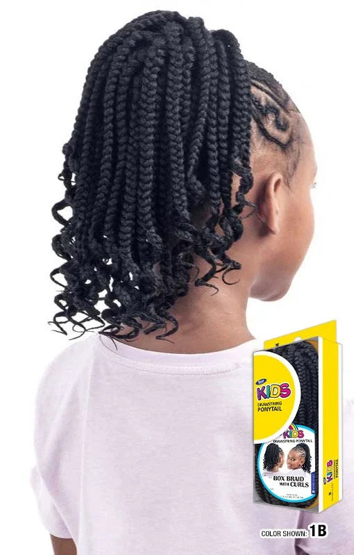 Child wearing black for KIDS Drawstring Ponytail Box Braid With Curls, medium length. Undercut visible, with packaging.