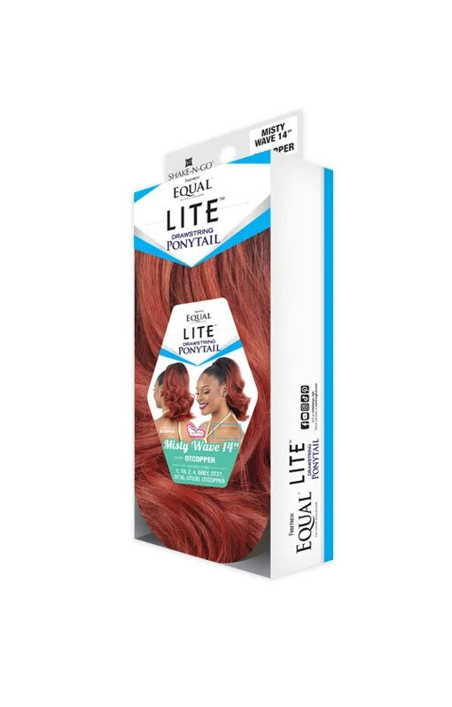 Freetress Equal Lite Drawstring Ponytail packaging. Wavy, reddish-copper hair is visible through a window. Models wear the...