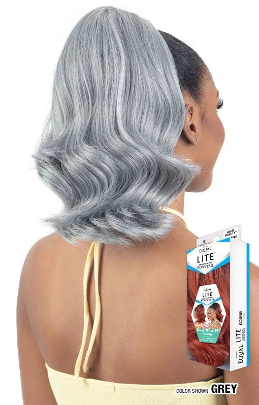 Woman wears Freetress Equal Lite 14" drawstring ponytail with grey misty waves. Product packaging shown.