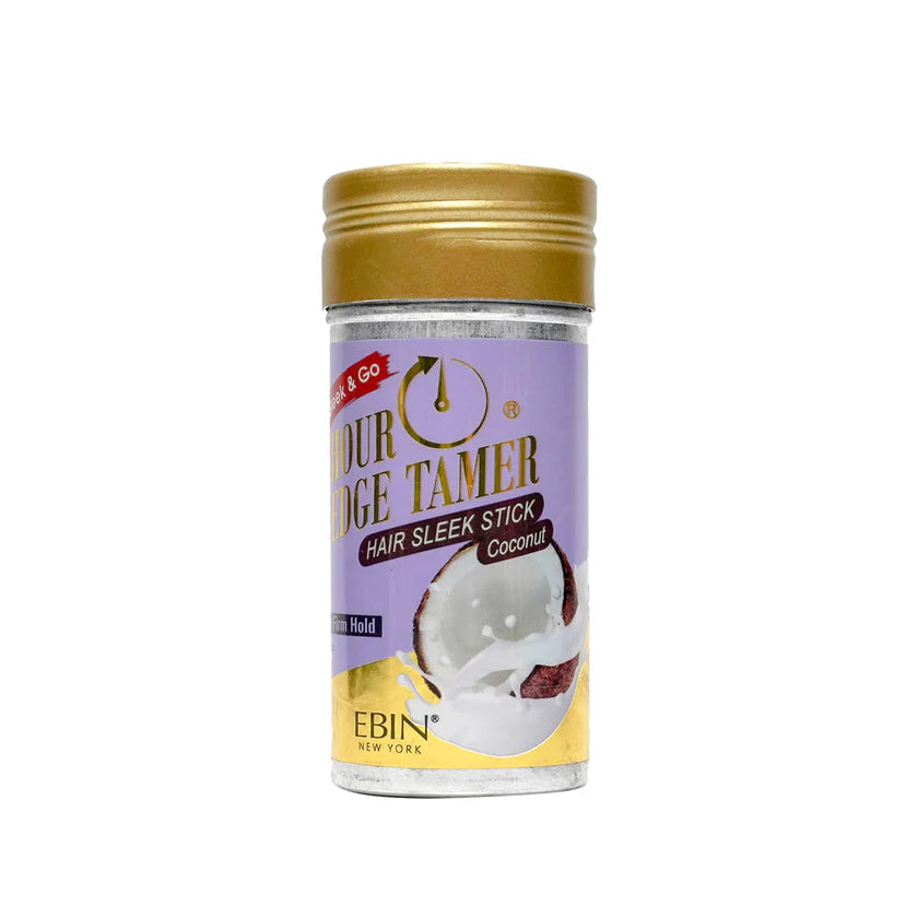 Product packaging for EBIN 24 HR Edge Tamer Stick, Extreme Firm Hold. Gold-lidded lavender container with coconut graphic.