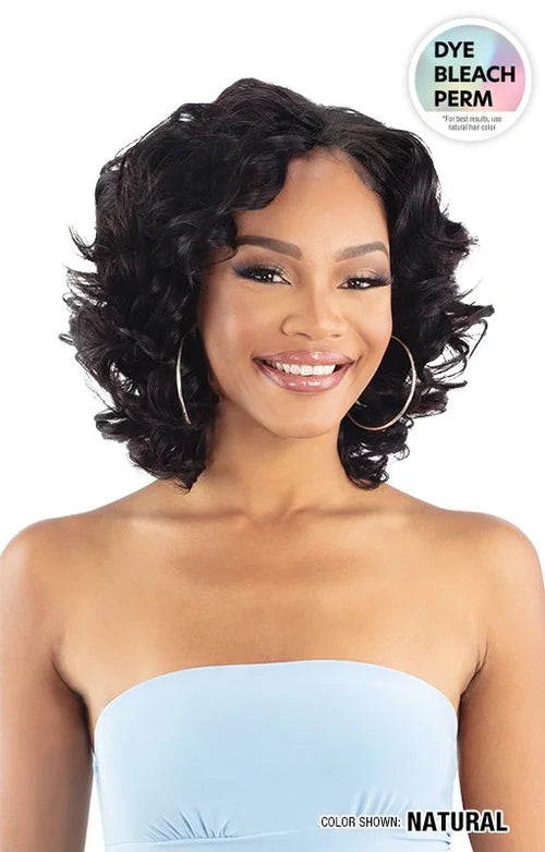 Smiling woman wearing GLOSSY SPIRAL ROLL 3 PCS, a voluminous, shoulder-length black wig with defined spiral curls.
