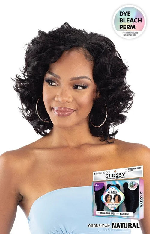 Woman models GLOSSY SPIRAL ROLL 3 PCS hair in a voluminous, shoulder-length black curly bob. Product packaging is also shown.