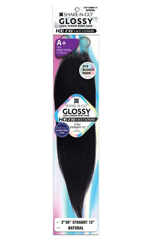 Packaging for Shake-N-Go Glossy HD 2x6 Lace Closure, displaying a swatch of straight, natural black, 12-inch hair.
