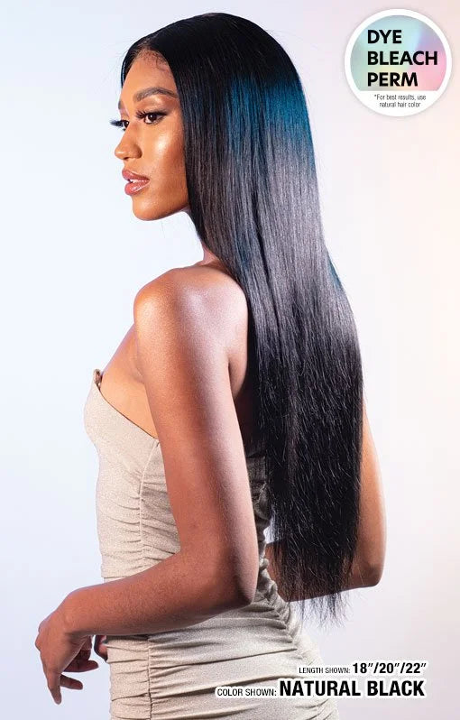 Woman models Glossy 2x6 Straight Lace Closure with very long, sleek, natural black hair flowing past her waist.