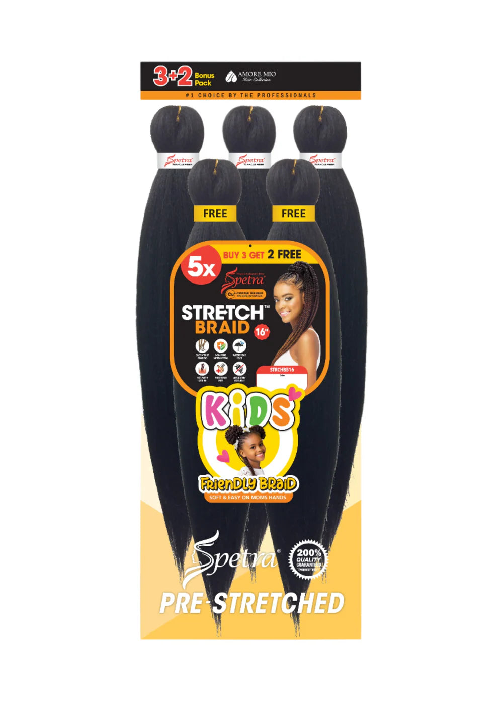 Spetra Kids Pre-Stretched Braiding Hair 16" 5X packaging. Five black bundles, "Buy 3 Get 2 Free," with models.